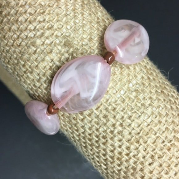 Oval Bead Stretch Bracelet Barbie Soft Pink Brown Cottage Granny Retro BoHo - Picture 2 of 5